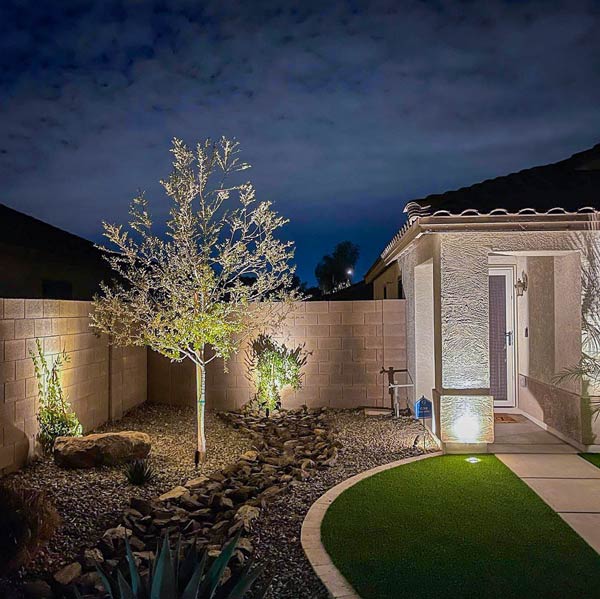 Phoenix Area House Front Yard Landscape Lighting & Desert Plants