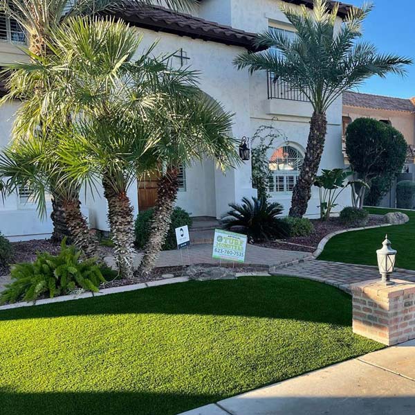 Phoenix Home Front Yard with Fake Lawn & Brick Pavers