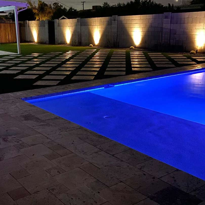 Avondale Arizona Custom Installed Lighting in Backyard with Blue Lit Pool
