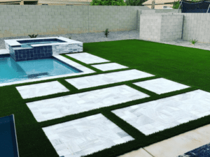 Travertine leading to hot tub and pool