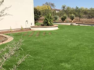 Backyard with fake grass to save money on watering